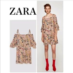 ZARA Floral Print Linen Cold Shoulder Mini Dress